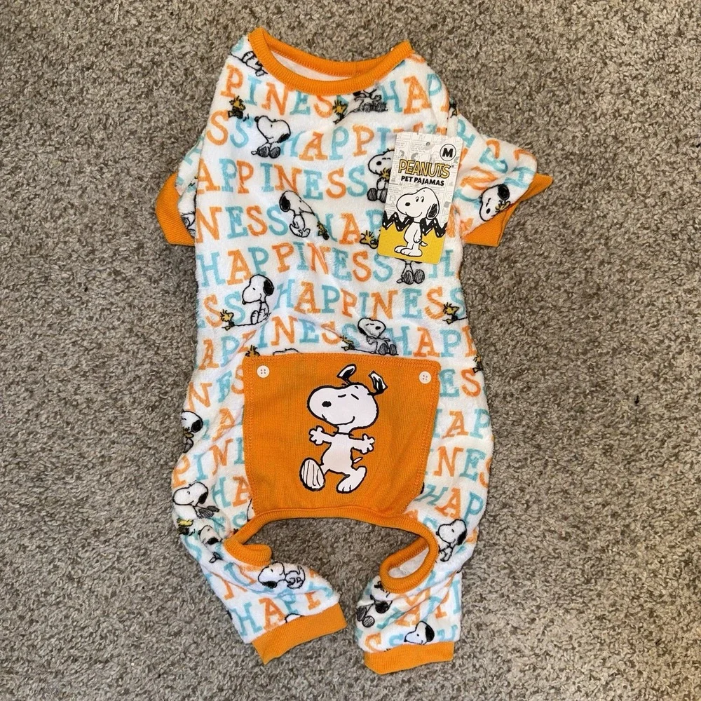 Peanuts Pet Pajamas Dog Fleece Sleeper Size M Warm Happiness White Orange Blue